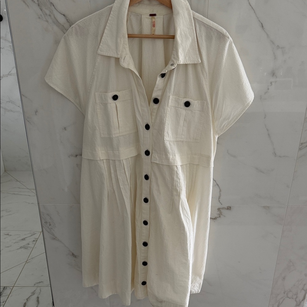 Cream Button-Front Shirt Dress with Black Buttons free people
